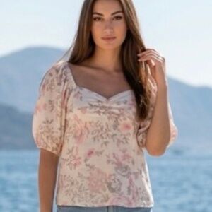 Black Tape Linen Blend Sweetheart Neck Floral Top Large